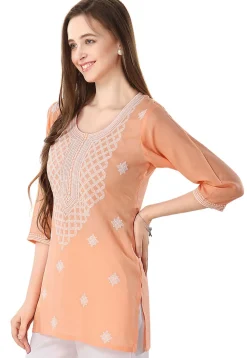 Chikankari Rayon Short Kurti in Peach