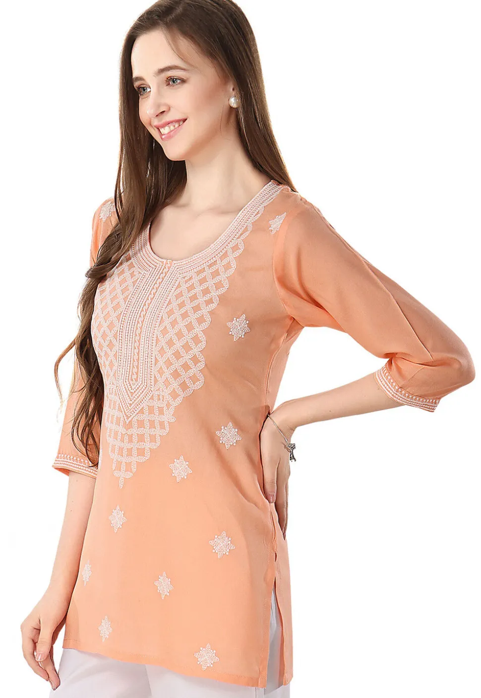 Chikankari Rayon Short Kurti in Peach