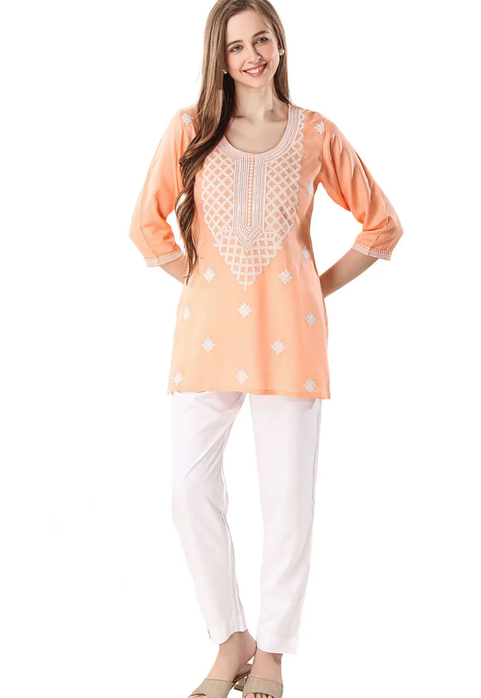 Chikankari Rayon Short Kurti in Peach