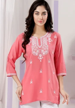 Chikankari Rayon Short Kurti in Peach