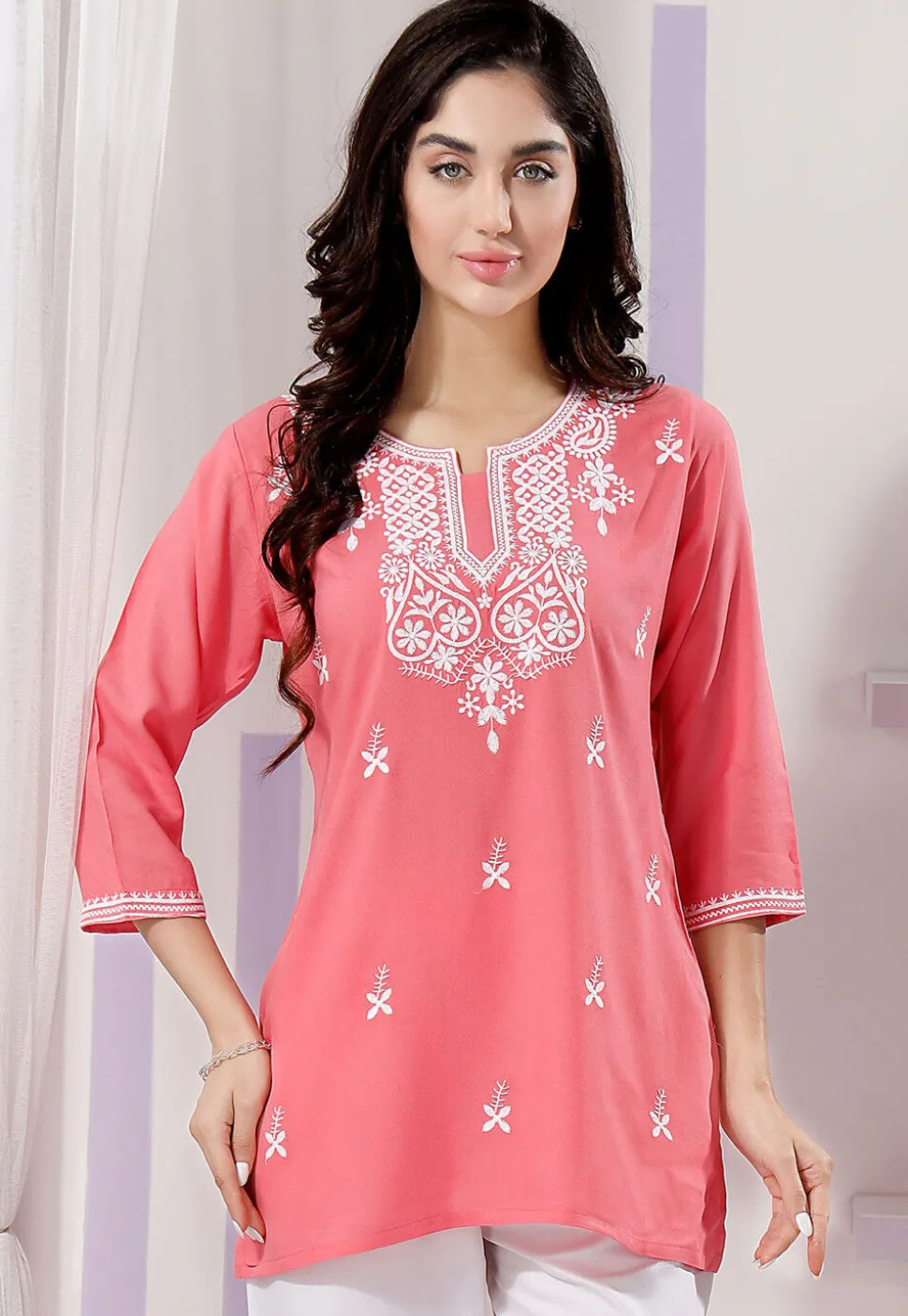 Chikankari Rayon Short Kurti in Peach