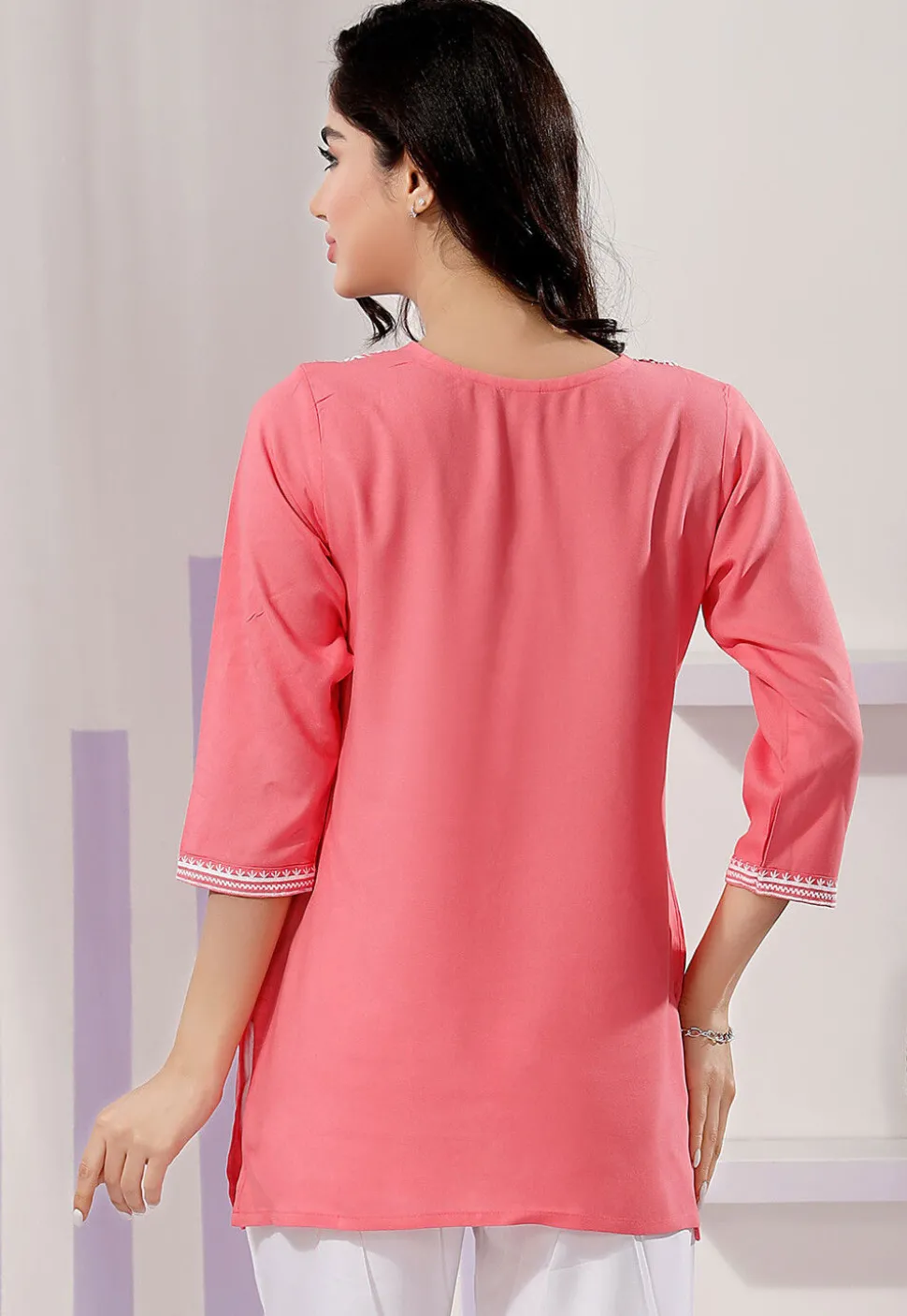Chikankari Rayon Short Kurti in Peach