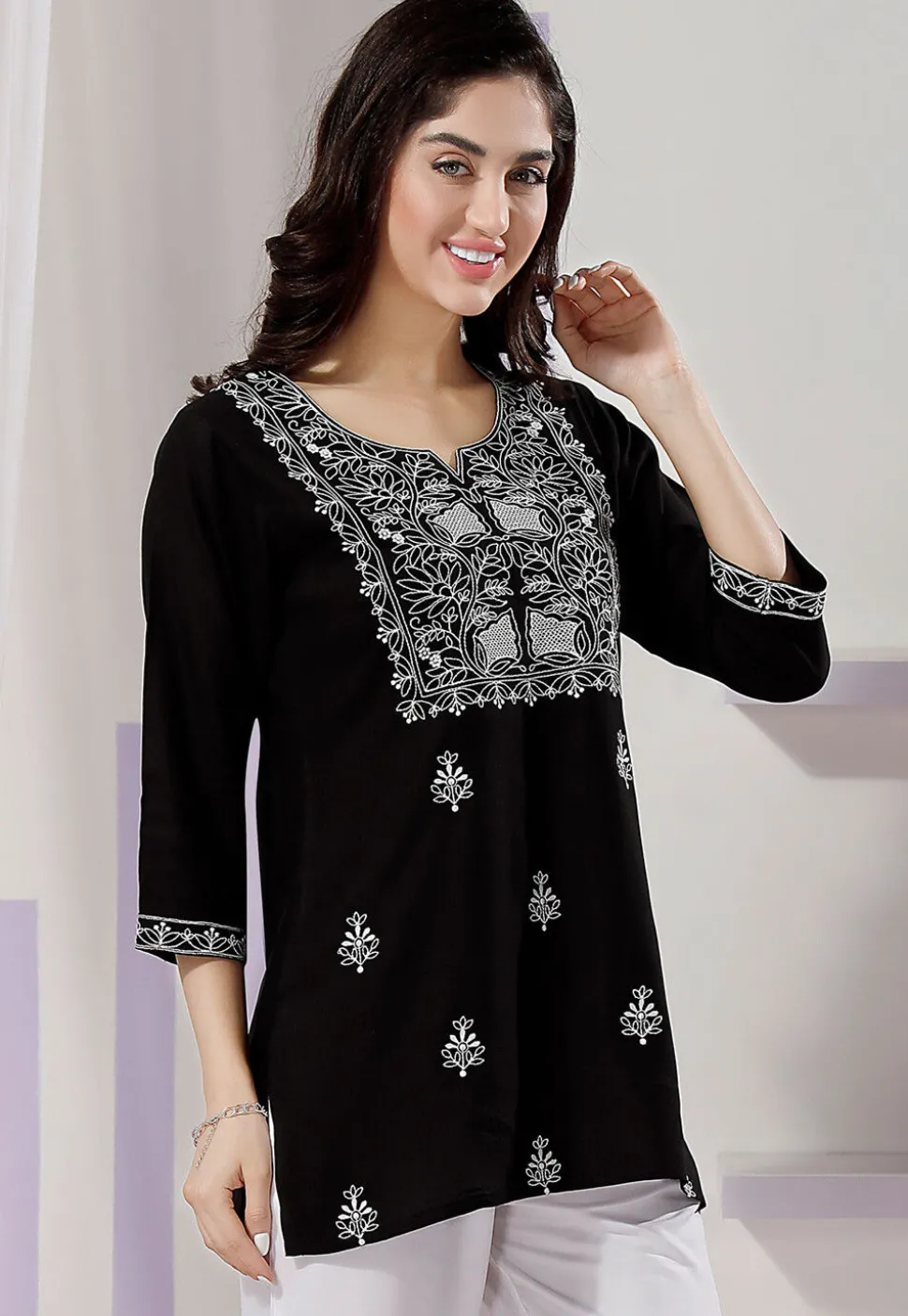 Chikankari Rayon Short Kurti in Black