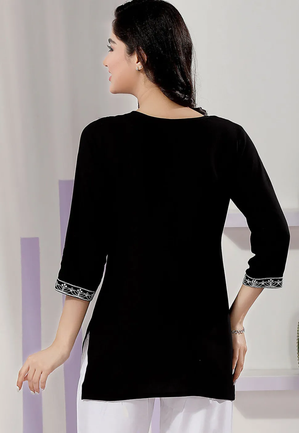 Chikankari Rayon Short Kurti in Black
