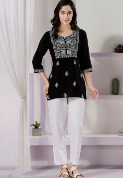 Chikankari Rayon Short Kurti in Black