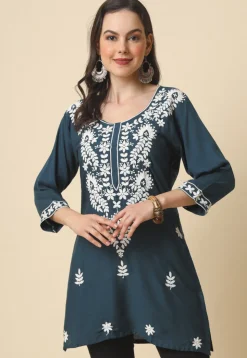 Chikankari Rayon Straight Kurti in Dark Grey