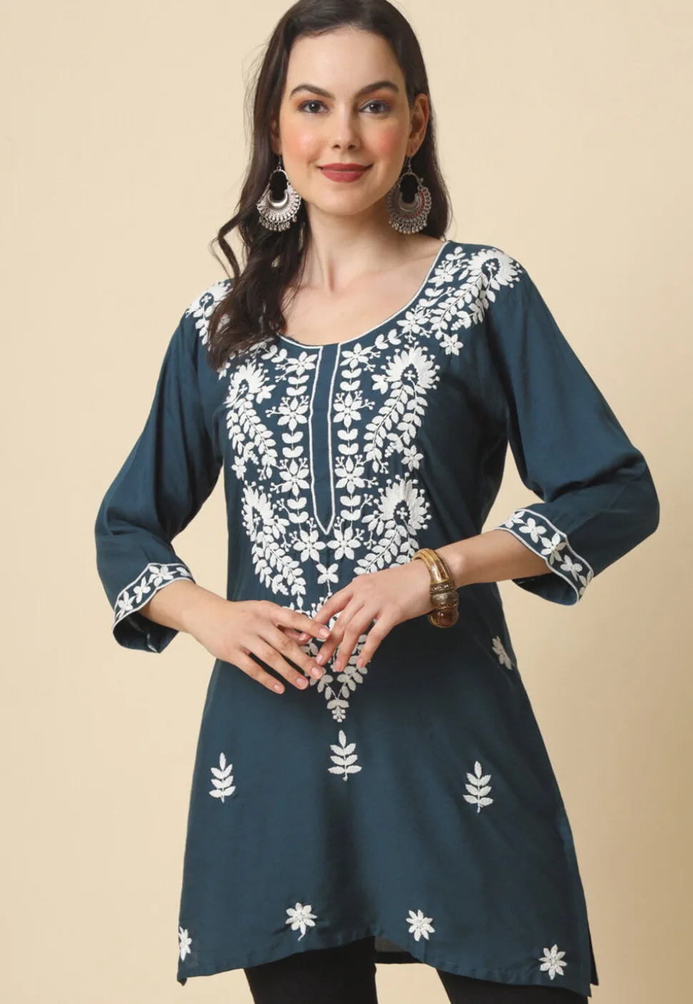 Chikankari Rayon Straight Kurti in Dark Grey