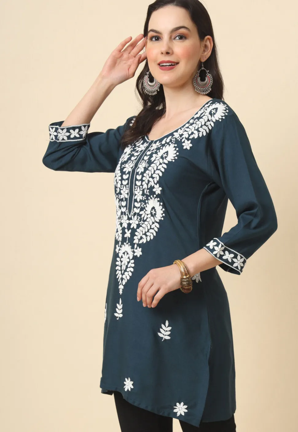 Chikankari Rayon Straight Kurti in Dark Grey