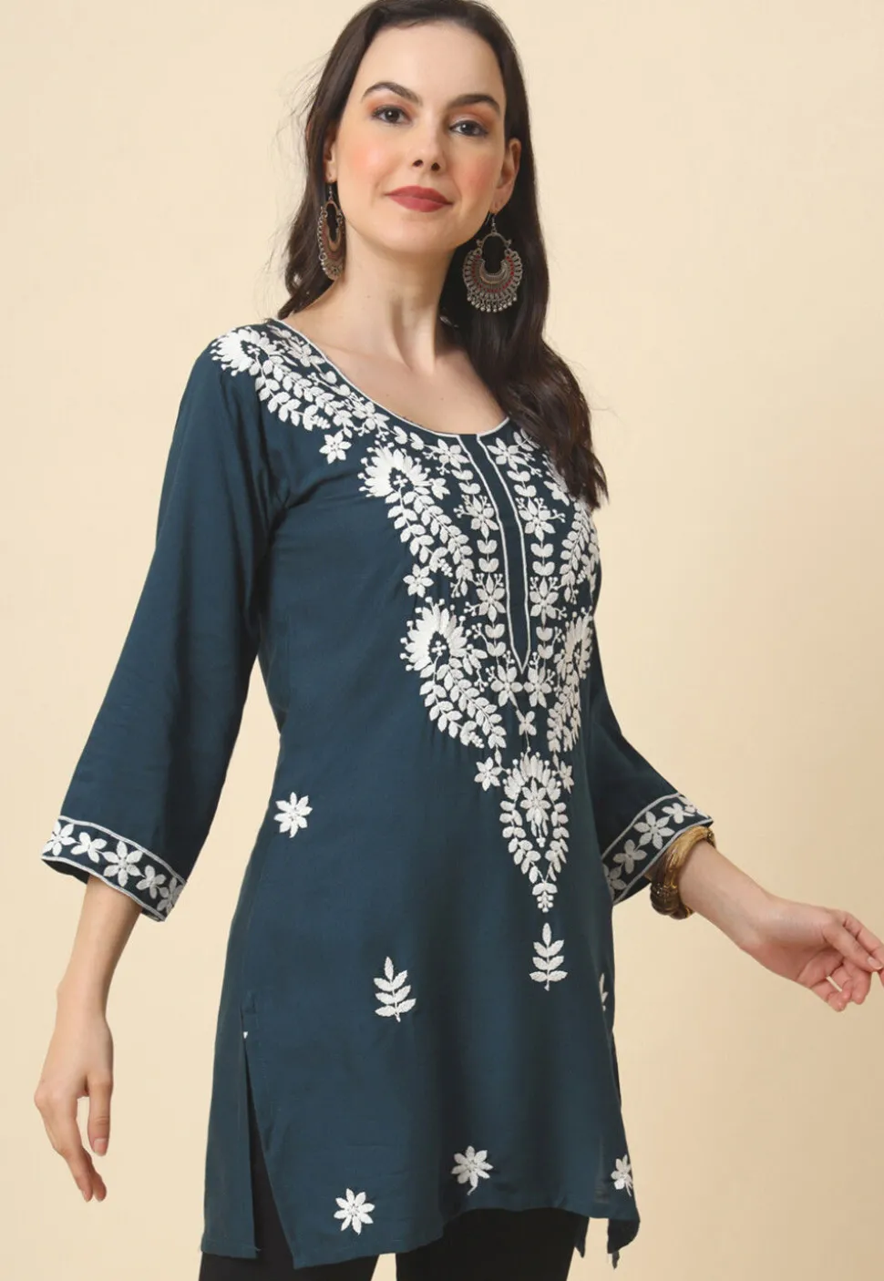 Chikankari Rayon Straight Kurti in Dark Grey