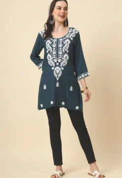 Chikankari Rayon Straight Kurti in Dark Grey
