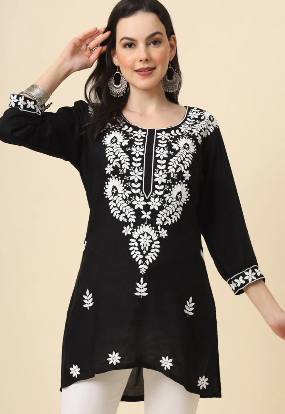 Chikankari Rayon Straight Kurti in Black