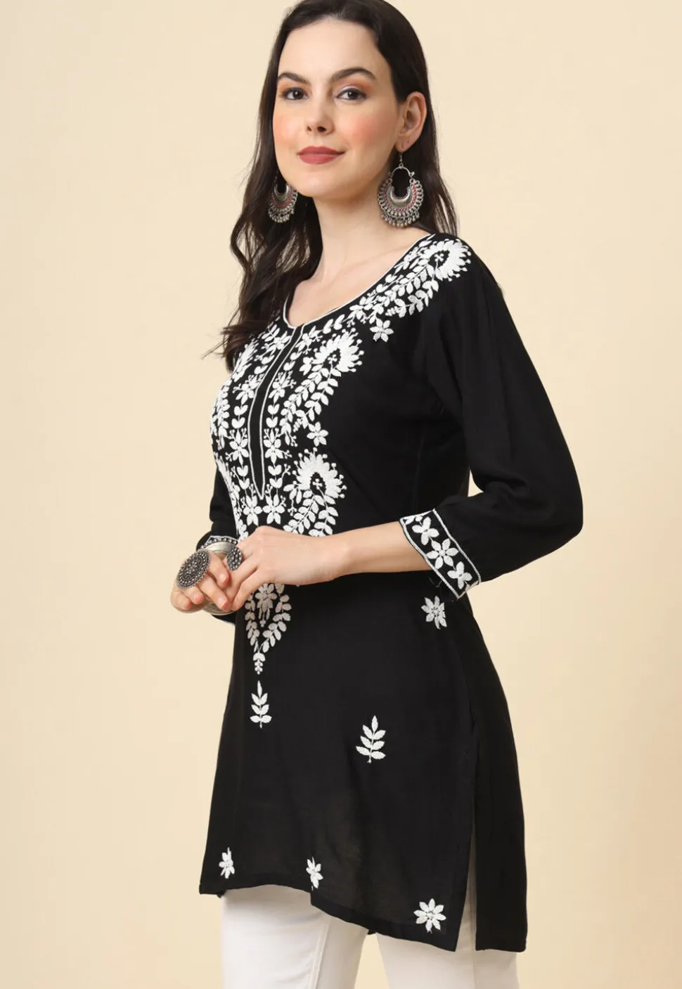 Chikankari Rayon Straight Kurti in Black