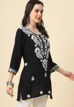 Chikankari Rayon Straight Kurti in Black
