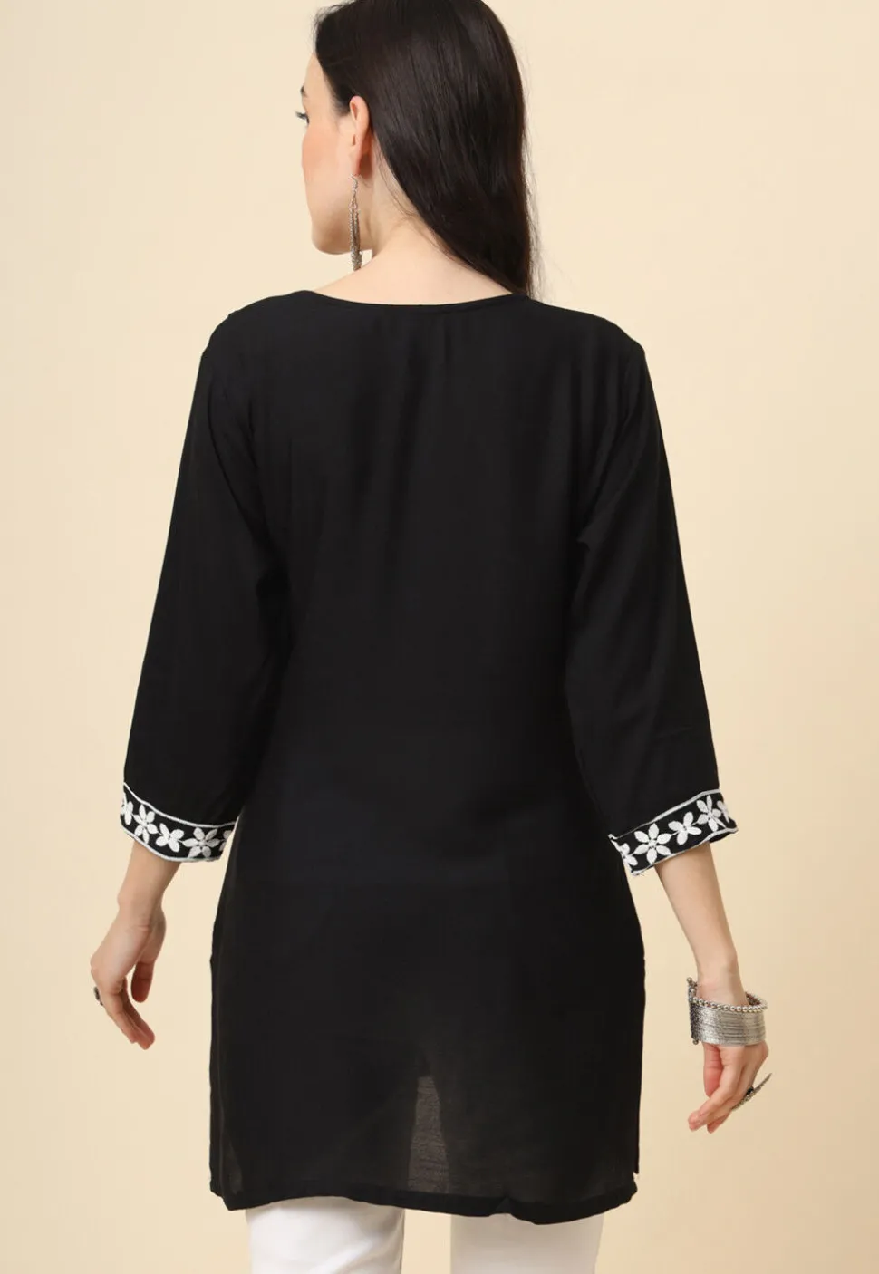 Chikankari Rayon Straight Kurti in Black