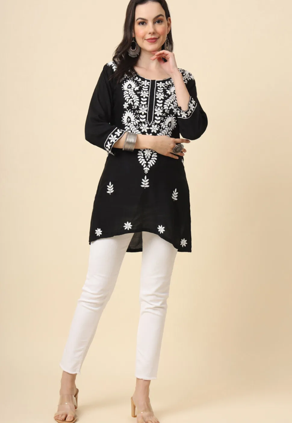 Chikankari Rayon Straight Kurti in Black