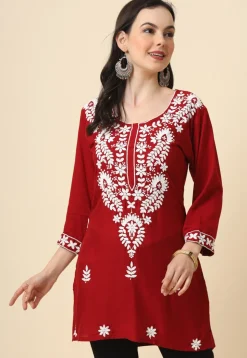 Chikankari Rayon Straight Kurti in Maroon