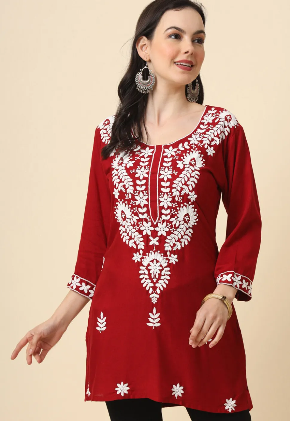 Chikankari Rayon Straight Kurti in Maroon