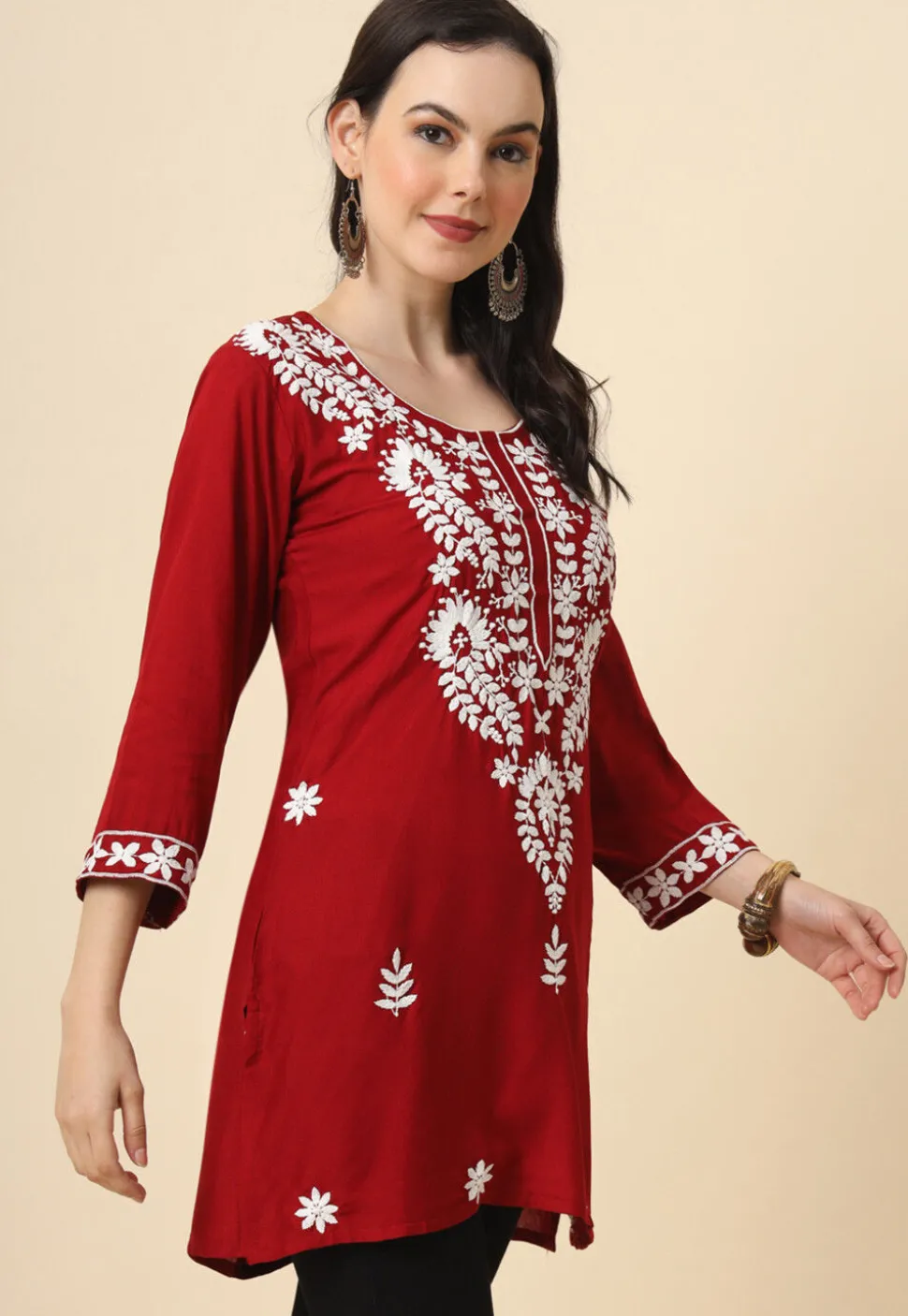 Chikankari Rayon Straight Kurti in Maroon