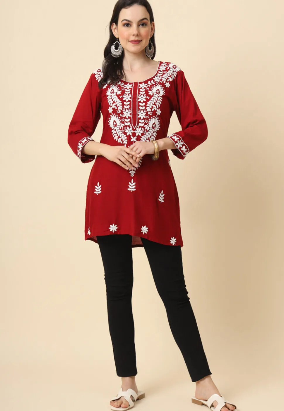 Chikankari Rayon Straight Kurti in Maroon