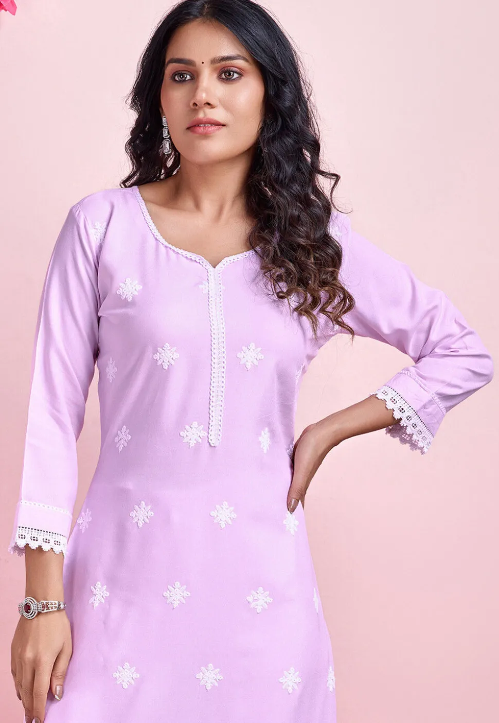 Chikankari Rayon Straight Kurta Set in Light Purple