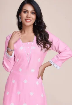 Chikankari Rayon Straight Kurta Set in Pink