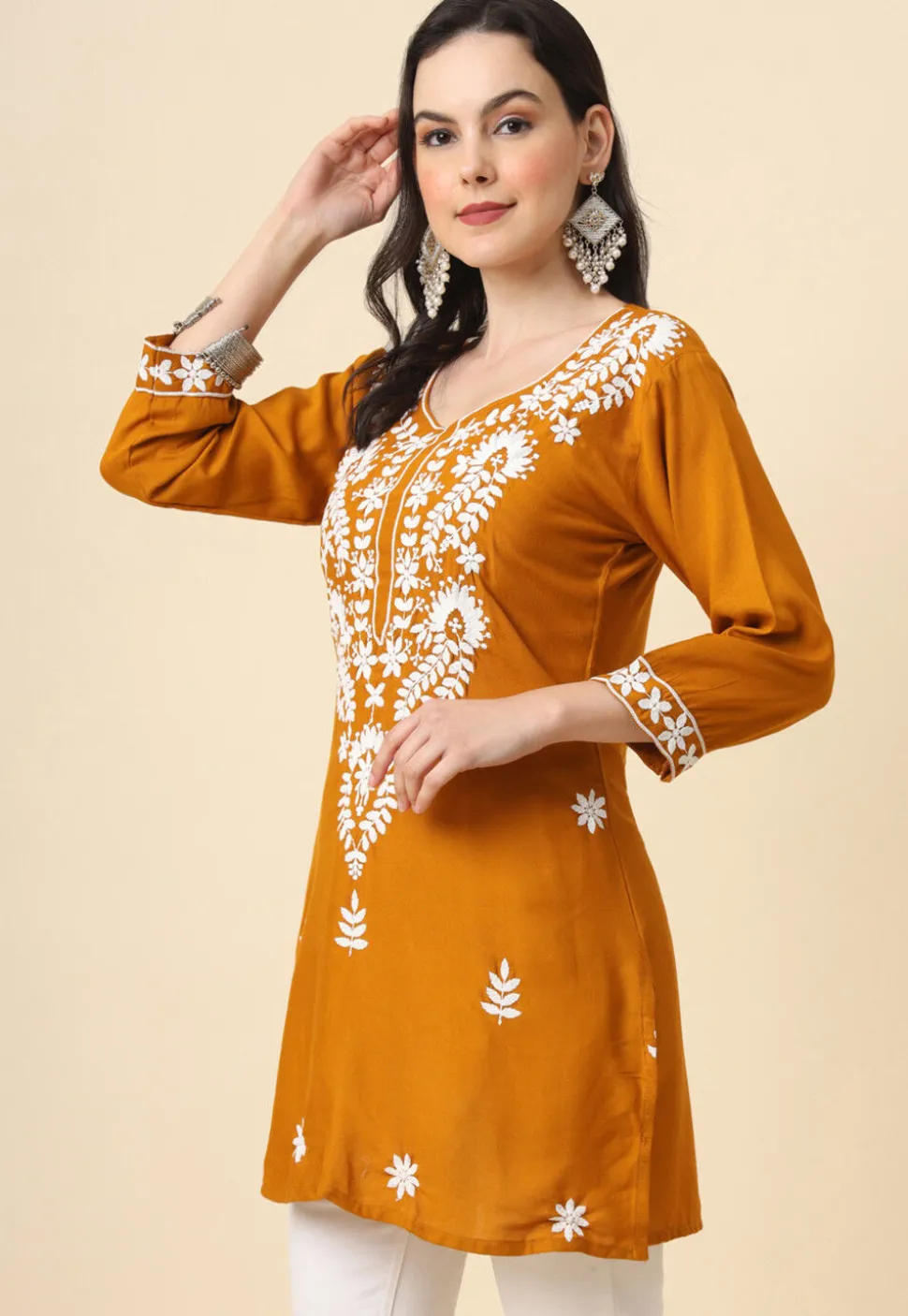 Chikankari Rayon Straight Kurti in Mustard