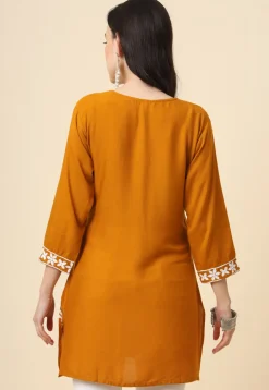 Chikankari Rayon Straight Kurti in Mustard