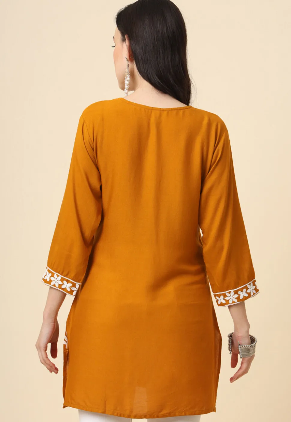 Chikankari Rayon Straight Kurti in Mustard