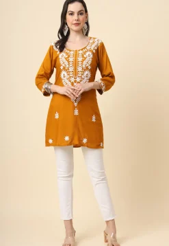 Chikankari Rayon Straight Kurti in Mustard
