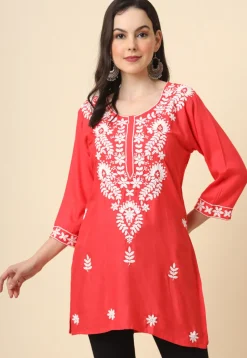 Chikankari Rayon Straight Kurti in Red