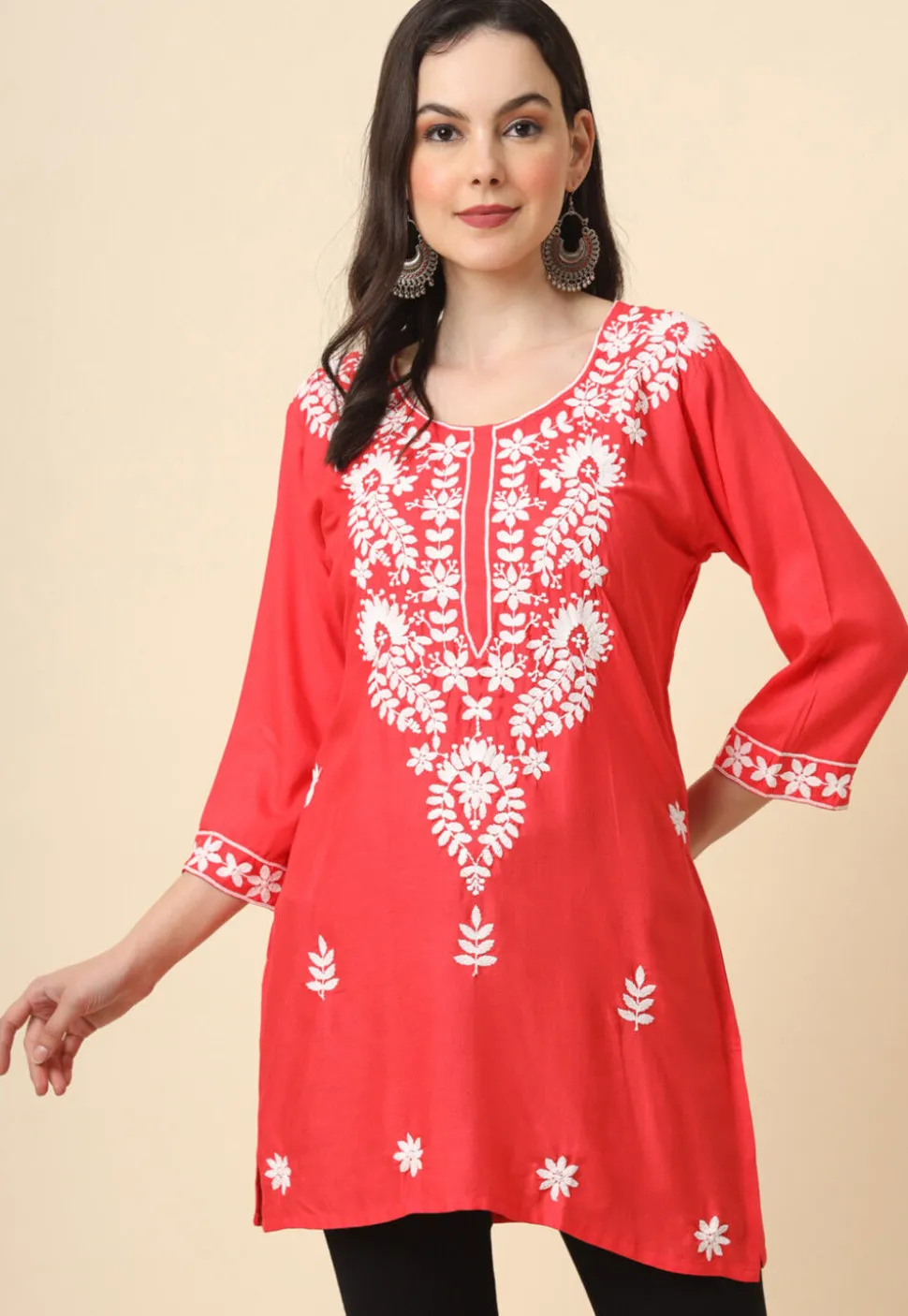 Chikankari Rayon Straight Kurti in Red