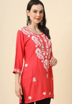 Chikankari Rayon Straight Kurti in Red