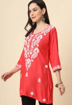 Chikankari Rayon Straight Kurti in Red