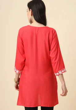 Chikankari Rayon Straight Kurti in Red