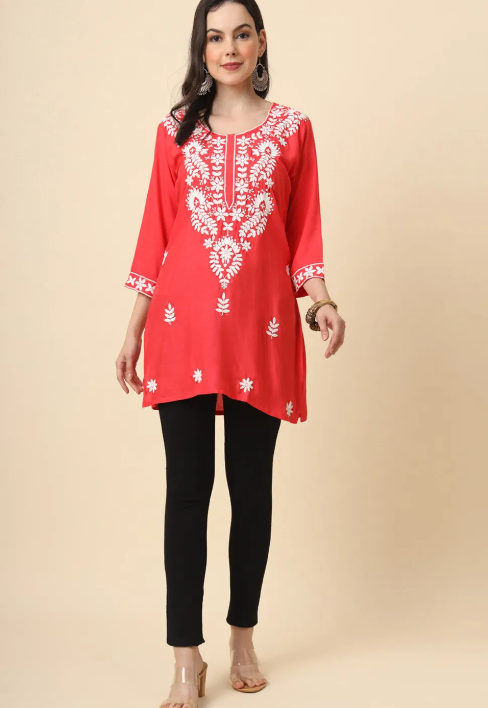 Chikankari Rayon Straight Kurti in Red