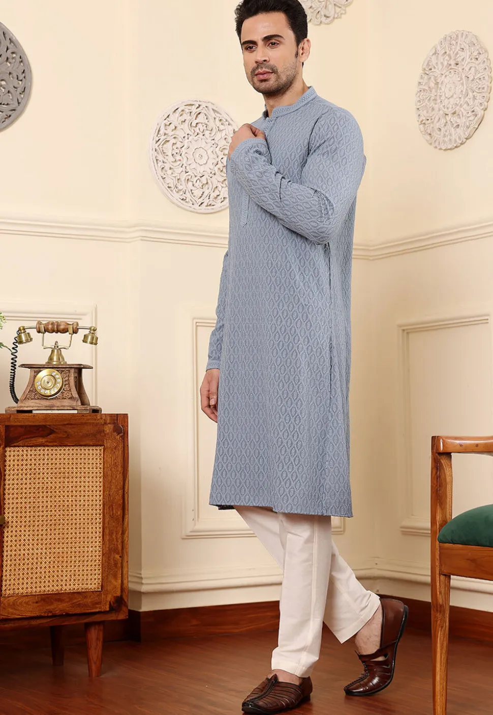 Chikankari Viscose Rayon Kurta Set in Grey