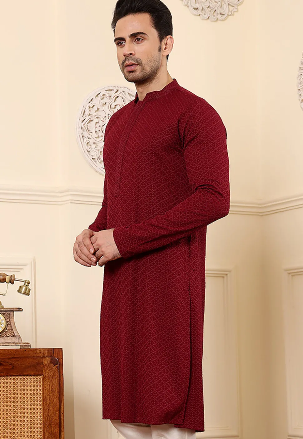 Chikankari Viscose Rayon Kurta in Maroon