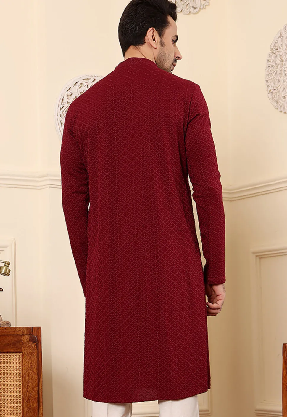 Chikankari Viscose Rayon Kurta in Maroon