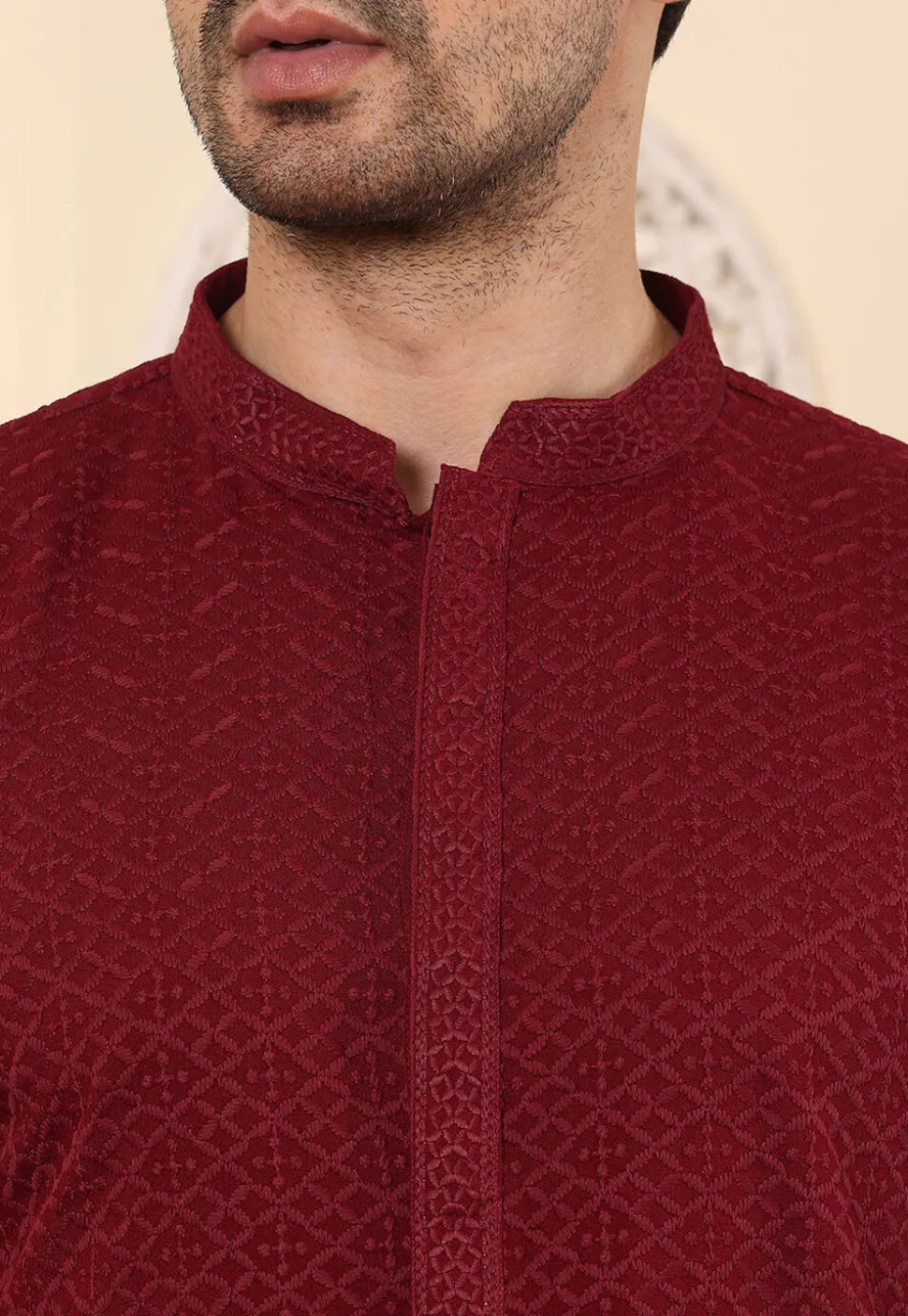 Chikankari Viscose Rayon Kurta in Maroon