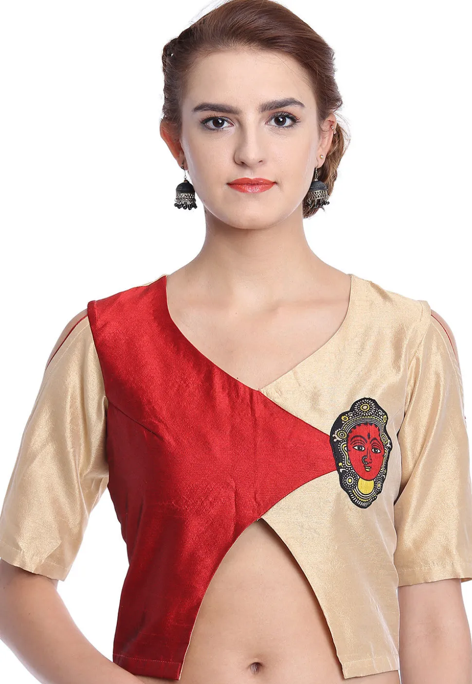 Color Block Art Silk Blouse in Beige and Red