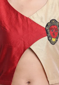 Color Block Art Silk Blouse in Beige and Red