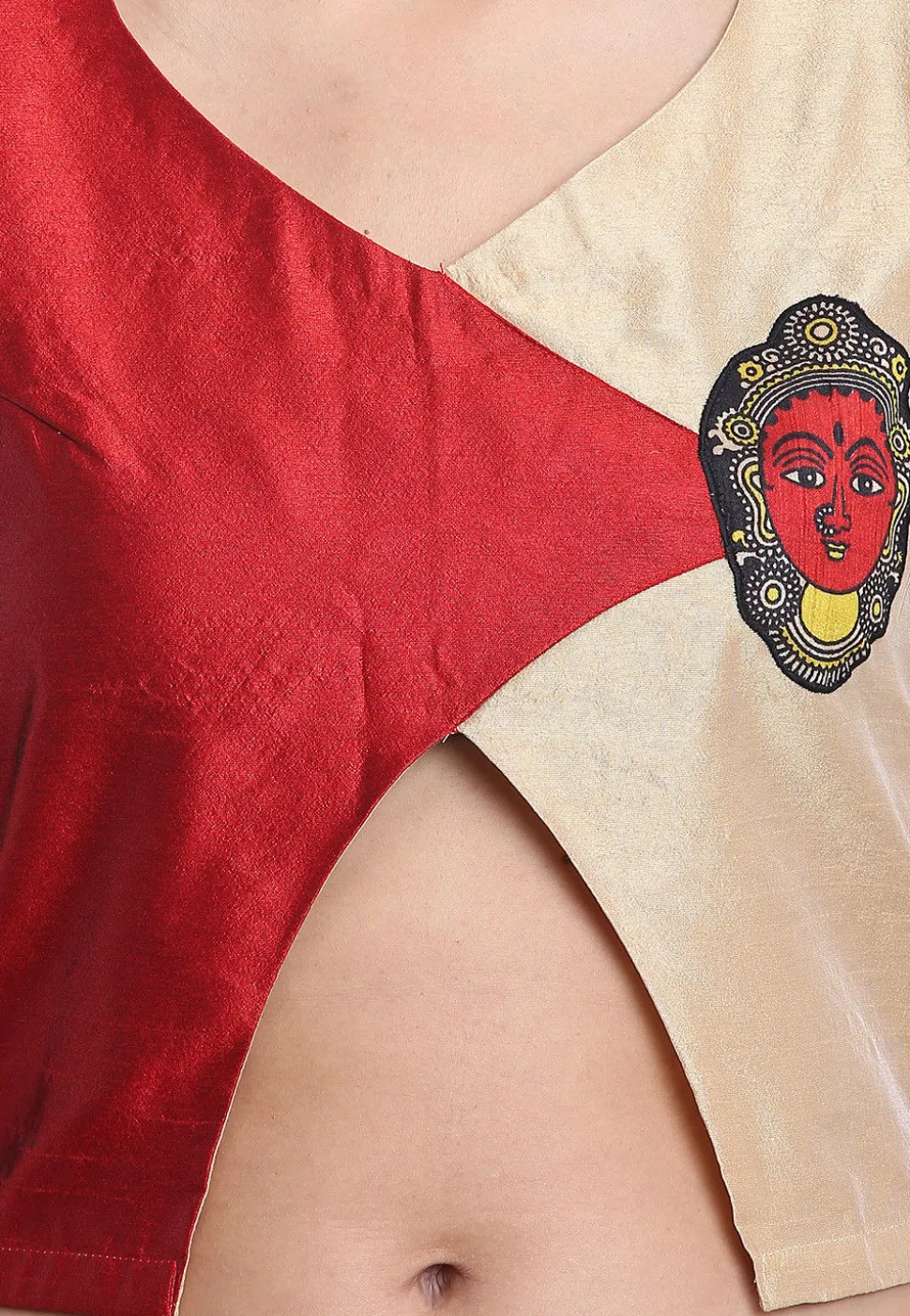 Color Block Art Silk Blouse in Beige and Red
