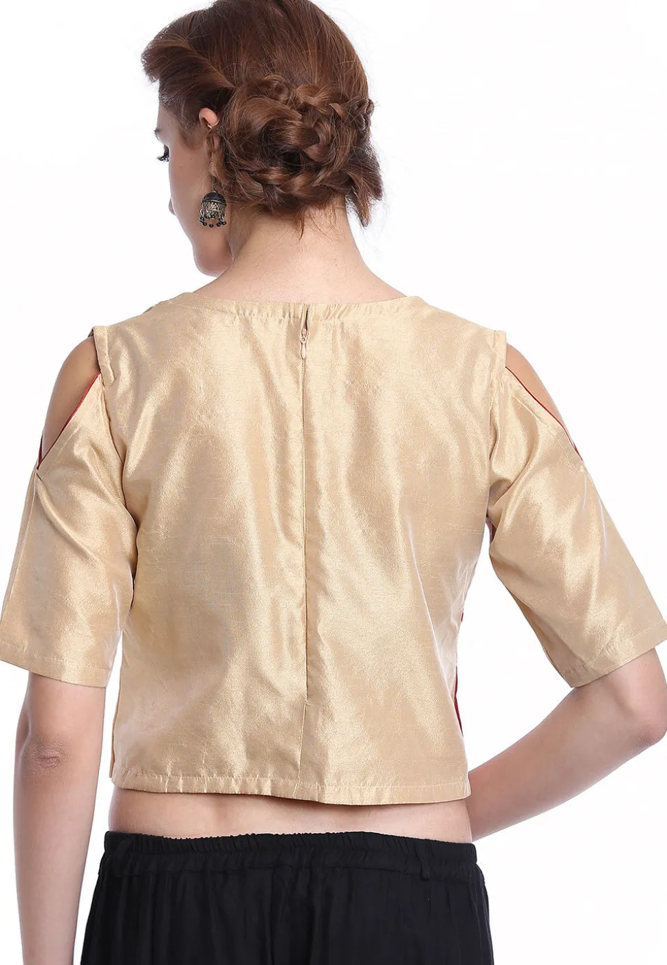 Color Block Art Silk Blouse in Beige and Red