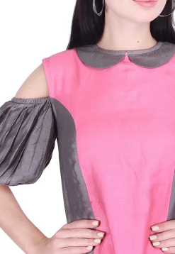 Color Blocked Art Silk Asymmetric Tunic in Pink and Grey