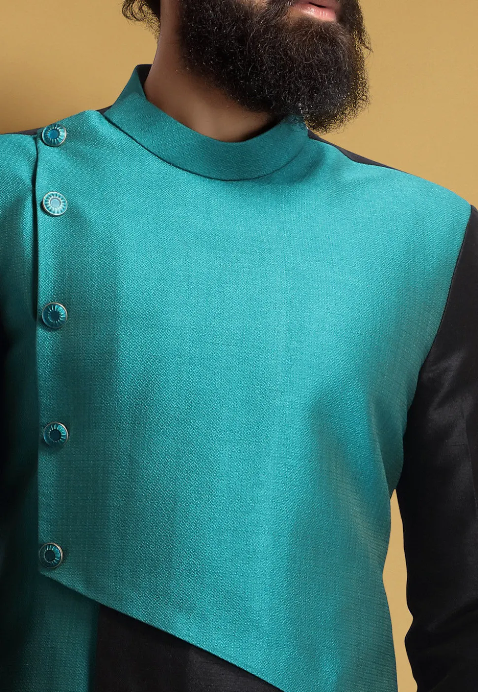Color Blocked Art Silk Jodhpuri Suit in Blue and Black