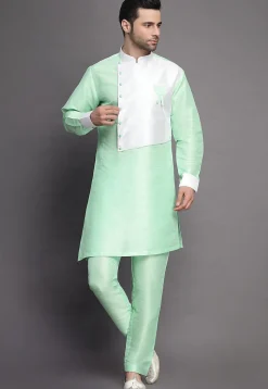 Color Blocked Art Silk Kurta Set in Sea Green