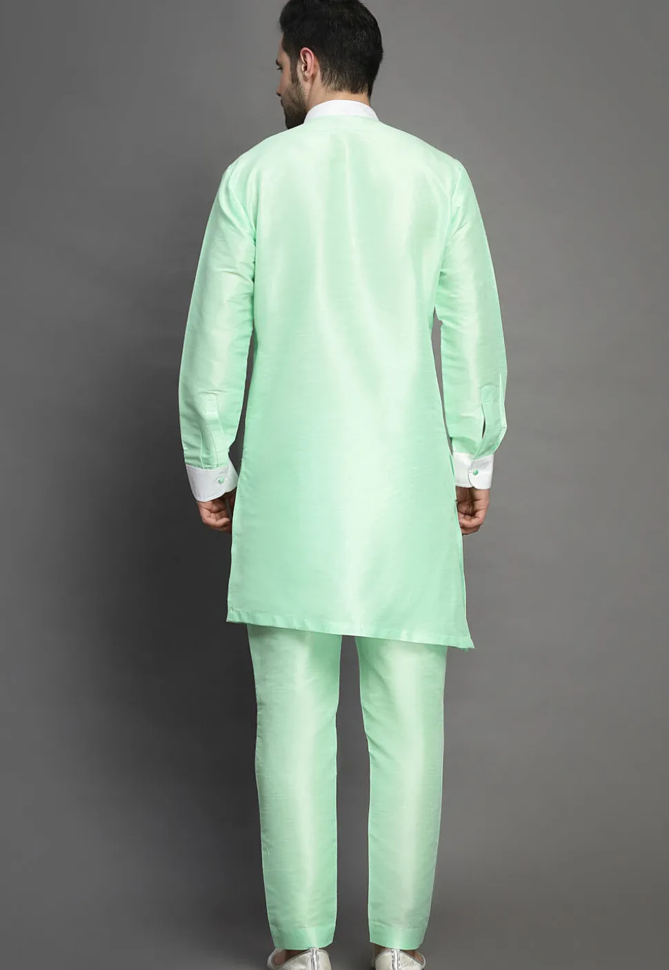 Color Blocked Art Silk Kurta Set in Sea Green