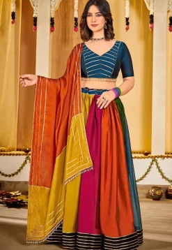 Color Blocked Art Silk Lehenga in Multicolor