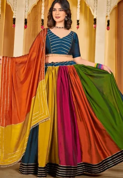 Color Blocked Art Silk Lehenga in Multicolor