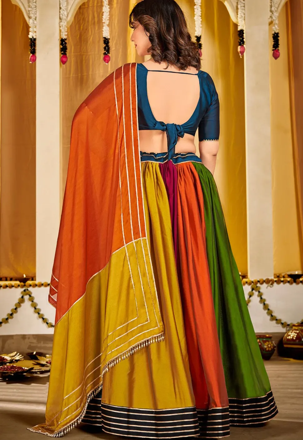 Color Blocked Art Silk Lehenga in Multicolor